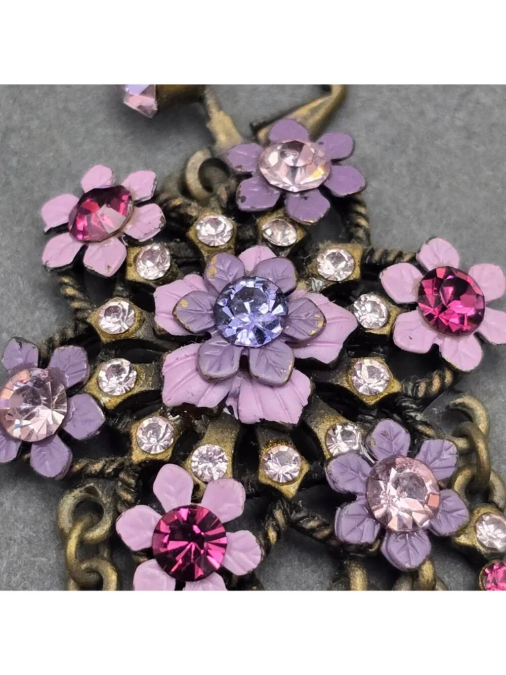 Vintage Michal Negrin Brass Dangle Earrings 4.75" Pastel Floral Crystal Drop - Picture 4 of 11